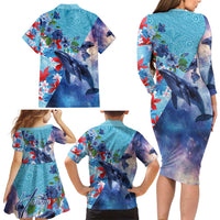 Hawaii Aloha Whales Family Matching Long Sleeve Bodycon Dress and Hawaiian Shirt Hibiscus and Whales with Polynesian Pattern LT03 - Polynesian Pride