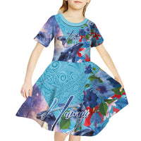 Hawaii Aloha Whales Kid Short Sleeve Dress Hibiscus and Whales with Polynesian Pattern - Polynesian Pride