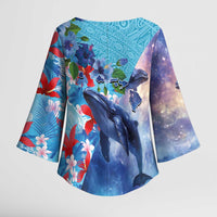 Hawaii Aloha Whales Kimono Sleeve Blouse Hibiscus and Whales with Polynesian Pattern LT03 - Polynesian Pride