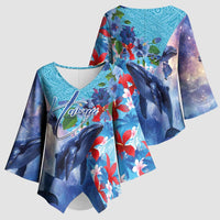 Hawaii Aloha Whales Kimono Sleeve Blouse Hibiscus and Whales with Polynesian Pattern LT03 - Polynesian Pride