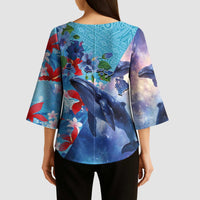 Hawaii Aloha Whales Kimono Sleeve Blouse Hibiscus and Whales with Polynesian Pattern LT03 - Polynesian Pride