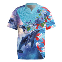 Hawaii Aloha Whales Rugby Jersey Hibiscus and Whales with Polynesian Pattern LT03 Blue - Polynesian Pride
