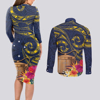 Tokelau Tokehega Day Couples Matching Long Sleeve Bodycon Dress and Long Sleeve Button Shirt Coat of Arms with Polynesian Tattoo and Hibiscus LT03 - Polynesian Pride