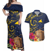 Tokelau Tokehega Day Couples Matching Off Shoulder Maxi Dress and Hawaiian Shirt Coat of Arms with Polynesian Tattoo and Hibiscus LT03 Blue - Polynesian Pride