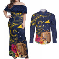 Tokelau Tokehega Day Couples Matching Off Shoulder Maxi Dress and Long Sleeve Button Shirt Coat of Arms with Polynesian Tattoo and Hibiscus LT03 Blue - Polynesian Pride
