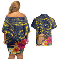 Tokelau Tokehega Day Couples Matching Off Shoulder Short Dress and Hawaiian Shirt Coat of Arms with Polynesian Tattoo and Hibiscus LT03 - Polynesian Pride