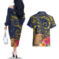 Tokelau Tokehega Day Couples Matching Off The Shoulder Long Sleeve Dress and Hawaiian Shirt Coat of Arms with Polynesian Tattoo and Hibiscus LT03 - Polynesian Pride