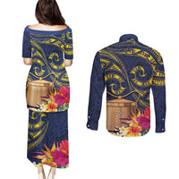 Tokelau Tokehega Day Couples Matching Puletasi and Long Sleeve Button Shirt Coat of Arms with Polynesian Tattoo and Hibiscus LT03 - Polynesian Pride