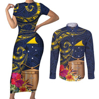 Tokelau Tokehega Day Couples Matching Short Sleeve Bodycon Dress and Long Sleeve Button Shirt Coat of Arms with Polynesian Tattoo and Hibiscus LT03 Blue - Polynesian Pride