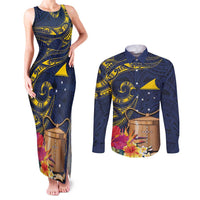 Tokelau Tokehega Day Couples Matching Tank Maxi Dress and Long Sleeve Button Shirt Coat of Arms with Polynesian Tattoo and Hibiscus LT03 Blue - Polynesian Pride