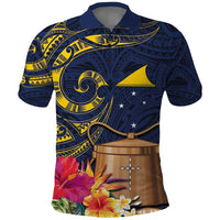 Tokelau Tokehega Day Polo Shirt Coat of Arms with Polynesian Tattoo and Hibiscus LT03 Blue - Polynesian Pride
