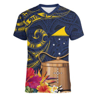 Tokelau Tokehega Day Women V-Neck T-Shirt Coat of Arms with Polynesian Tattoo and Hibiscus LT03 Female Blue - Polynesian Pride