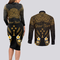 Personalised Kosrae Liberation Day Couples Matching Long Sleeve Bodycon Dress and Long Sleeve Button Shirt Polynesian Tattoo and Plumeria Gold Color LT03 - Polynesian Pride