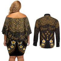 Personalised Kosrae Liberation Day Couples Matching Off Shoulder Short Dress and Long Sleeve Button Shirt Polynesian Tattoo and Plumeria Gold Color LT03 - Polynesian Pride
