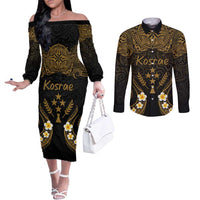Personalised Kosrae Liberation Day Couples Matching Off The Shoulder Long Sleeve Dress and Long Sleeve Button Shirt Polynesian Tattoo and Plumeria Gold Color LT03 Gold - Polynesian Pride
