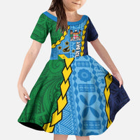 Malampa Fiji Day Family Matching Puletasi and Hawaiian Shirt National Symbols with Tapa Tribal and Polynesian Tattoo LT03 Daughter's Dress Blue - Polynesian Pride