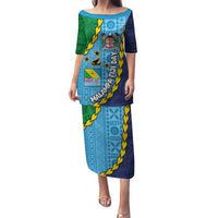 Malampa Fiji Day Family Matching Puletasi and Hawaiian Shirt National Symbols with Tapa Tribal and Polynesian Tattoo LT03 Mom's Dress Blue - Polynesian Pride