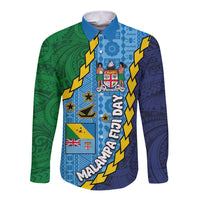 Malampa Fiji Day Long Sleeve Button Shirt National Symbols with Tapa Tribal and Polynesian Tattoo LT03 Unisex Blue - Polynesian Pride