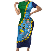 Malampa Fiji Day Short Sleeve Bodycon Dress National Symbols with Tapa Tribal and Polynesian Tattoo LT03 Long Dress Blue - Polynesian Pride