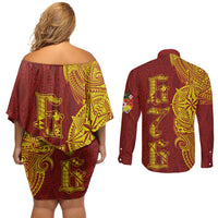 Tonga 676 Ngatu Tribal Tattoo Couples Matching Off Shoulder Short Dress and Long Sleeve Button Shirt