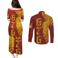 Tonga 676 Ngatu Tribal Tattoo Couples Matching Puletasi and Long Sleeve Button Shirt