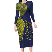 Personalised Tokelau Classic Ngatu Motifs Family Matching Long Sleeve Bodycon Dress and Hawaiian Shirt LT03 Mom's Dress Blue - Polynesian Pride