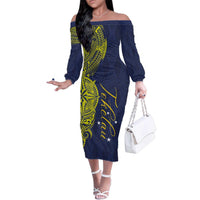 Personalised Tokelau Classic Ngatu Motifs Family Matching Off The Shoulder Long Sleeve Dress and Hawaiian Shirt LT03 Mom's Dress Blue - Polynesian Pride