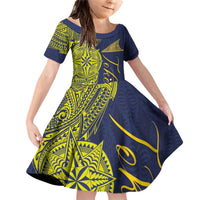 Personalised Tokelau Classic Ngatu Motifs Family Matching Off Shoulder Short Dress and Hawaiian Shirt LT03 Daughter's Dress Blue - Polynesian Pride