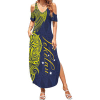 Personalised Tokelau Classic Ngatu Motifs Family Matching Summer Maxi Dress and Hawaiian Shirt LT03 Mom's Dress Blue - Polynesian Pride