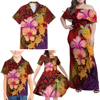 Hawaiian Hibiscus Turtle Tribal Polynesian Pattern Family Matching Off Shoulder Maxi Dress and Hawaiian Shirt Colorful Color LT03 - Polynesian Pride