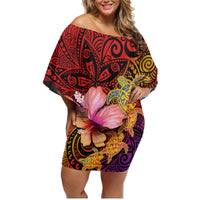 Hawaiian Hibiscus Turtle Tribal Polynesian Pattern Family Matching Off Shoulder Short Dress and Hawaiian Shirt Colorful Color LT03 Mom's Dress Red - Polynesian Pride
