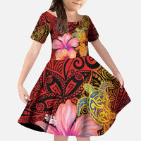 Hawaiian Hibiscus Turtle Tribal Polynesian Pattern Family Matching Summer Maxi Dress and Hawaiian Shirt Colorful Color LT03 Daughter's Dress Red - Polynesian Pride
