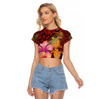 Hawaiian Hibiscus Turtle Tribal Polynesian Pattern Raglan Cropped T Shirt Colorful Color
