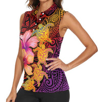 Hawaiian Hibiscus Turtle Tribal Polynesian Pattern Women Sleeveless Polo Shirt Colorful Color
