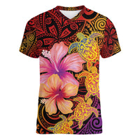 Hawaiian Hibiscus Turtle Tribal Polynesian Pattern Women V-Neck T-Shirt Colorful Color