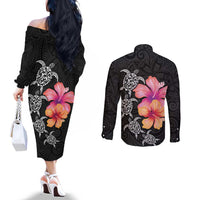 Hawaiian Hibiscus Turtle Tribal Polynesian Pattern Couples Matching Off The Shoulder Long Sleeve Dress and Long Sleeve Button Shirt Black Color