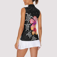 Hawaiian Hibiscus Turtle Tribal Polynesian Pattern Women Sleeveless Polo Shirt Black Color