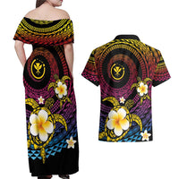 Hawaiian Plumeria Turtle Tribal Spiral Polynesian Tattoo Couples Matching Off Shoulder Maxi Dress and Hawaiian Shirt Fanciful Color LT03 - Polynesian Pride