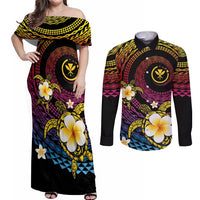 Hawaiian Plumeria Turtle Tribal Spiral Polynesian Tattoo Couples Matching Off Shoulder Maxi Dress and Long Sleeve Button Shirt Fanciful Color LT03 Gradient - Polynesian Pride