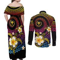 Hawaiian Plumeria Turtle Tribal Spiral Polynesian Tattoo Couples Matching Off Shoulder Maxi Dress and Long Sleeve Button Shirt Fanciful Color LT03 - Polynesian Pride