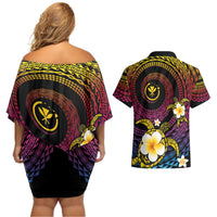 Hawaiian Plumeria Turtle Tribal Spiral Polynesian Tattoo Couples Matching Off Shoulder Short Dress and Hawaiian Shirt Fanciful Color LT03 - Polynesian Pride