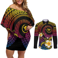 Hawaiian Plumeria Turtle Tribal Spiral Polynesian Tattoo Couples Matching Off Shoulder Short Dress and Long Sleeve Button Shirt Fanciful Color LT03 Gradient - Polynesian Pride