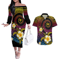 Hawaiian Plumeria Turtle Tribal Spiral Polynesian Tattoo Couples Matching Off The Shoulder Long Sleeve Dress and Hawaiian Shirt Fanciful Color LT03 Gradient - Polynesian Pride