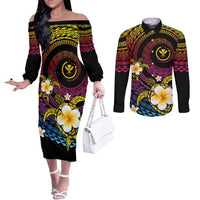 Hawaiian Plumeria Turtle Tribal Spiral Polynesian Tattoo Couples Matching Off The Shoulder Long Sleeve Dress and Long Sleeve Button Shirt Fanciful Color LT03 Gradient - Polynesian Pride