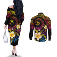 Hawaiian Plumeria Turtle Tribal Spiral Polynesian Tattoo Couples Matching Off The Shoulder Long Sleeve Dress and Long Sleeve Button Shirt Fanciful Color LT03 - Polynesian Pride