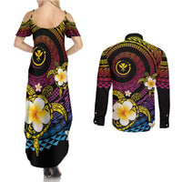 Hawaiian Plumeria Turtle Tribal Spiral Polynesian Tattoo Couples Matching Summer Maxi Dress and Long Sleeve Button Shirt Fanciful Color LT03 - Polynesian Pride