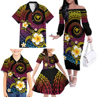 Hawaiian Plumeria Turtle Tribal Spiral Polynesian Tattoo Family Matching Off The Shoulder Long Sleeve Dress and Hawaiian Shirt Fanciful Color LT03 - Polynesian Pride