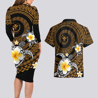 Hawaiian Plumeria Turtle Tribal Spiral Polynesian Tattoo Couples Matching Long Sleeve Bodycon Dress and Hawaiian Shirt Gold Color LT03 - Polynesian Pride