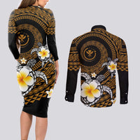 Hawaiian Plumeria Turtle Tribal Spiral Polynesian Tattoo Couples Matching Long Sleeve Bodycon Dress and Long Sleeve Button Shirt Gold Color LT03 - Polynesian Pride