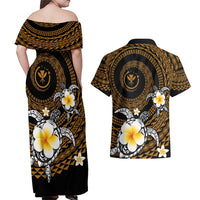 Hawaiian Plumeria Turtle Tribal Spiral Polynesian Tattoo Couples Matching Off Shoulder Maxi Dress and Hawaiian Shirt Gold Color LT03 - Polynesian Pride